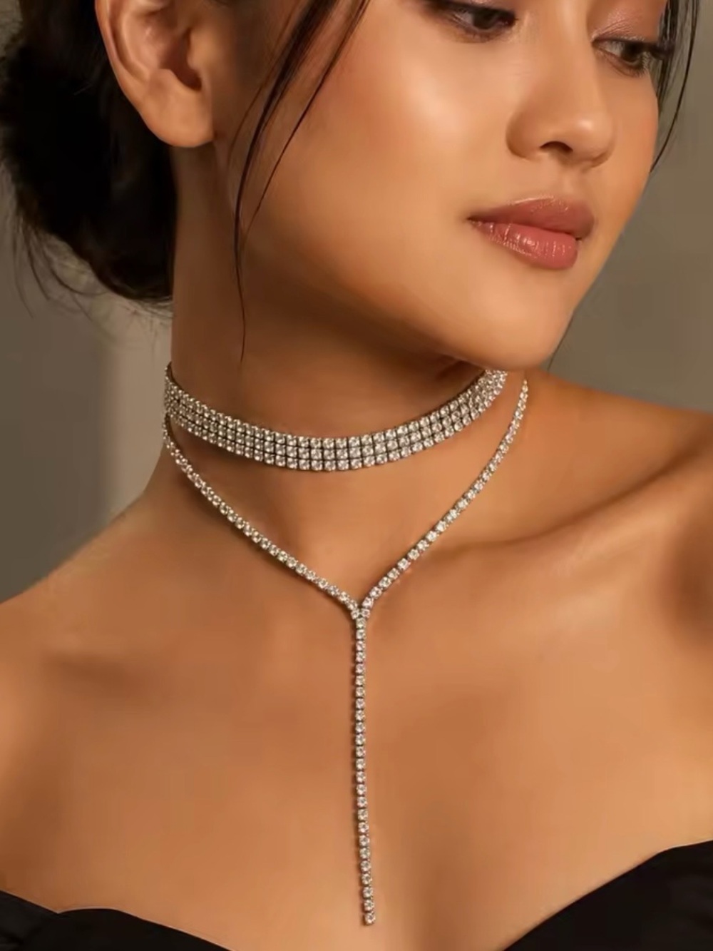 Rhinestone Silver Choker & Y-Drop Necklace Set